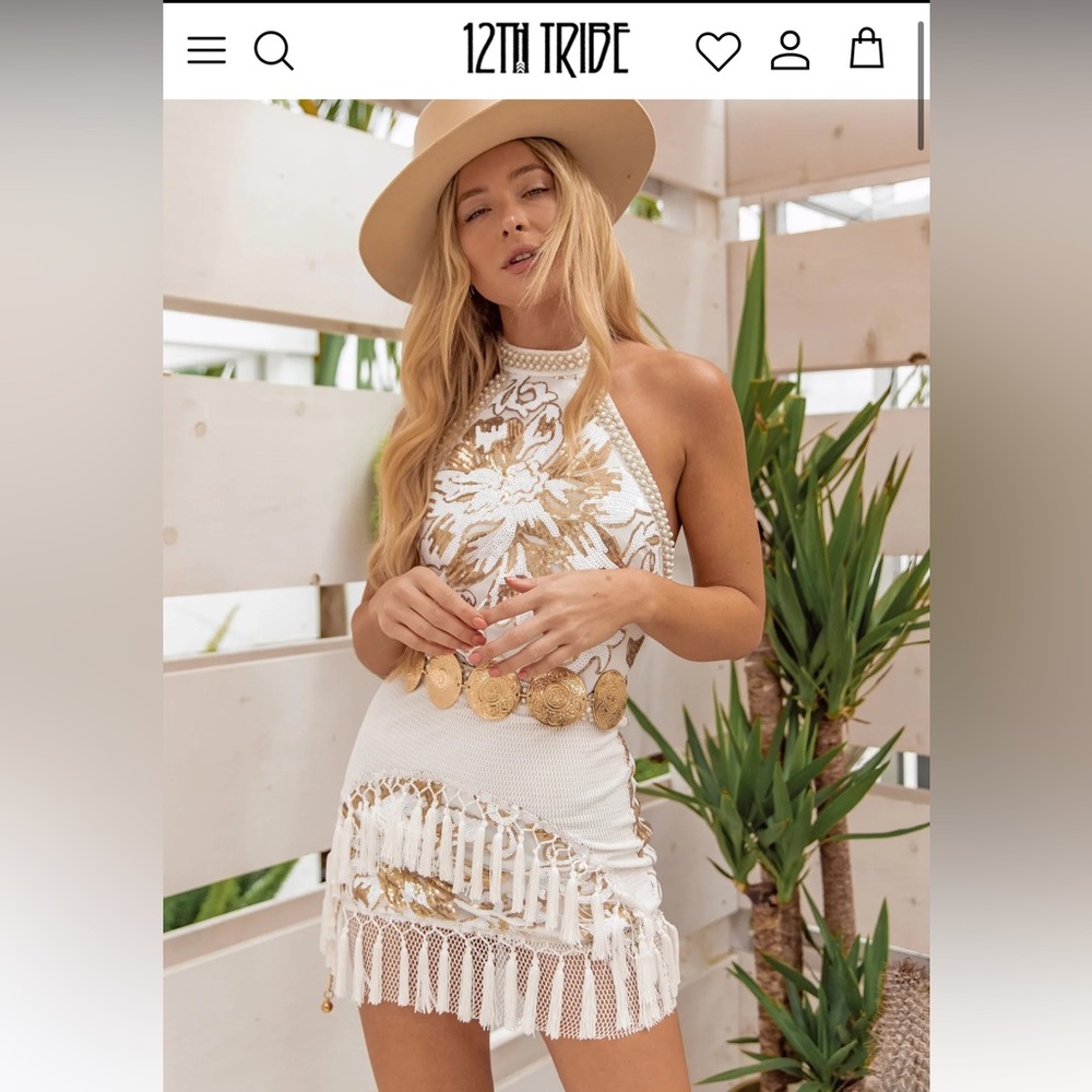 12th tribe Like Gold Dust White Sequin Fringe Dress Size M perfect for eras tour